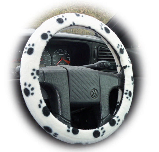 Paw print fleece car steering wheel cover in black and white and multi-coloured - Poppys Crafts
