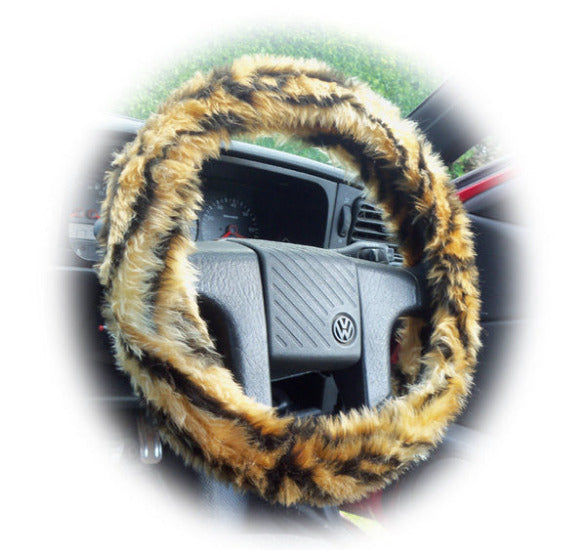 Gold Tiger stripe fuzzy faux fur car steering wheel cover - Poppys Crafts