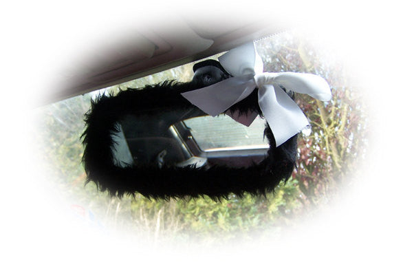Cute fluffy faux fur Black car mirror cover with white satin bow fuzzy - Poppys Crafts