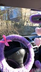 Pretty lilac fuzzy car steering wheel cover with Barbie Pink Satin Bow cute and fluffy - Poppys Crafts
