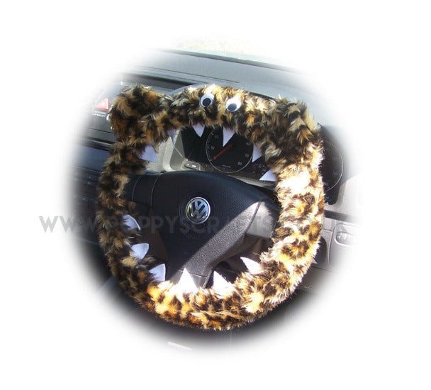 Fuzzy Leopard print faux fur monster steering wheel cover - Poppys Crafts