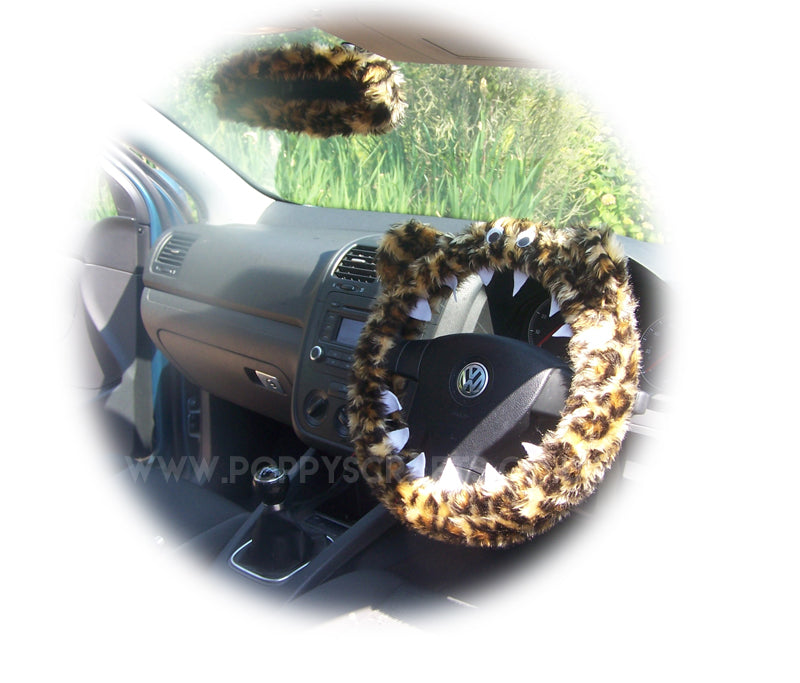 Leopard Print fuzzy Monster steering wheel cover with cute matching rear view mirror cover - Poppys Crafts