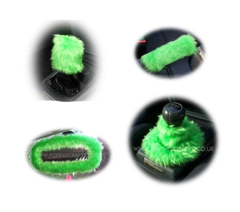 Funky Lime Green fluffy faux fur car accessories 4 piece set - Poppys Crafts