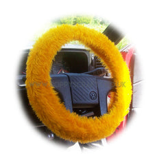 Marigold Car Steering wheel cover & matching fuzzy faux fur seatbelt pad set - Poppys Crafts