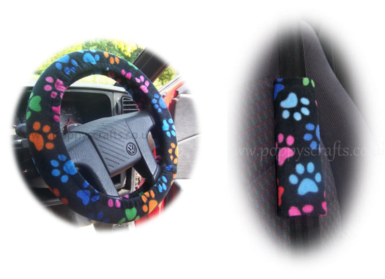 Black and Multi-coloured Paw print fleece steering wheel cover and seatbelt pads - Poppys Crafts