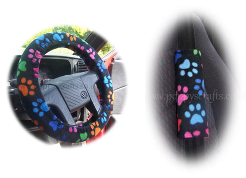Black and Multi-coloured Paw print fleece steering wheel cover and seatbelt pads