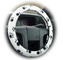 White with Black Paws paw print fleece car steering wheel cover - Poppys Crafts