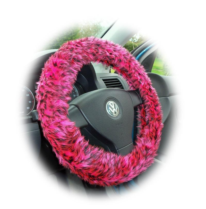 Fuzzy Pink Cheetah / Leopard faux fur car steering wheel cover cute animal print furry fluffy and wild - Poppys Crafts