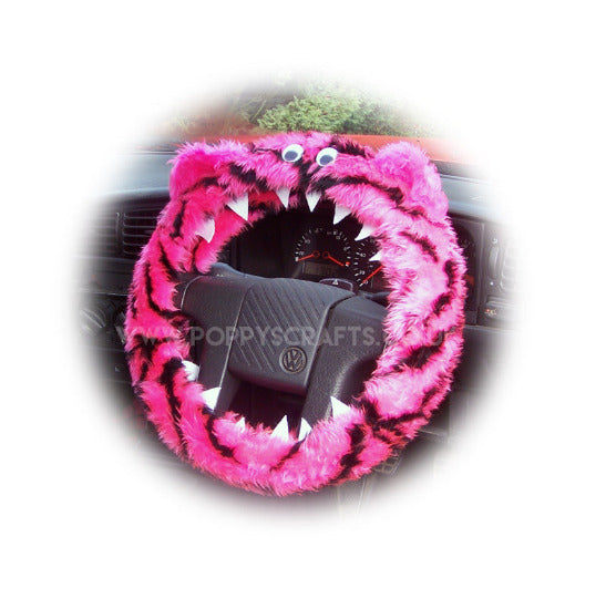 Pink and black Tiger stripe fuzzy Monster steering wheel cover - Poppys Crafts
