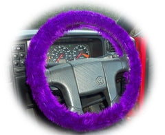 Fluffy Purple Car Steering wheel cover & matching fuzzy faux fur seatbelt pad set - Poppys Crafts