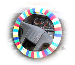 Gorgeous Bright Rainbow Striped fleece car steering wheel cover - Poppys Crafts