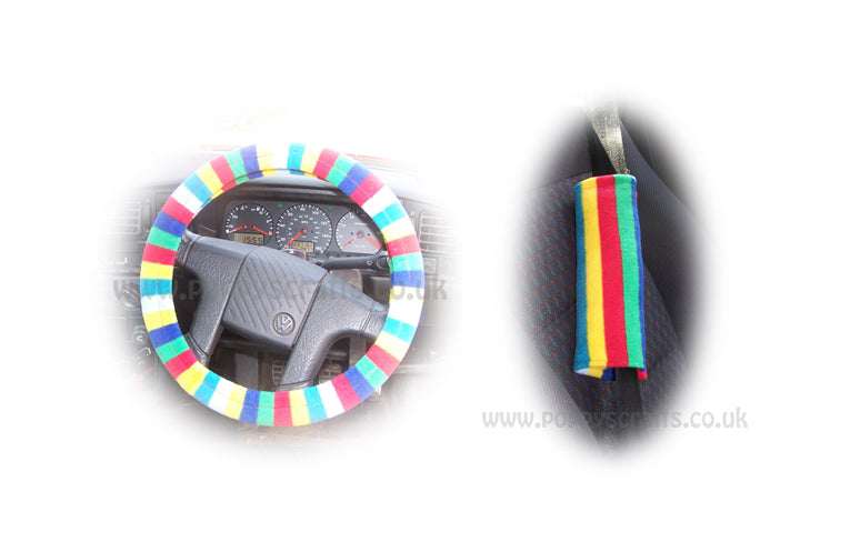 Rainbow Striped fleece steering wheel cover and matching Rainbow fleece seatbelt pads - Poppys Crafts