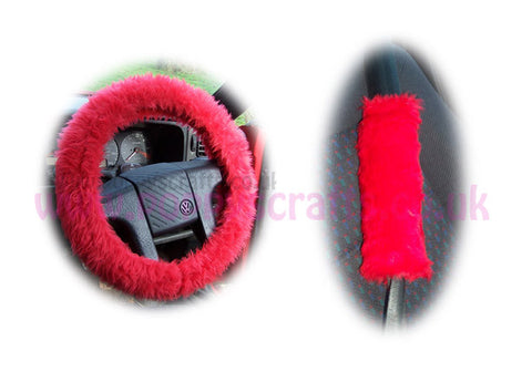 Fluffy Racing Red Car Steering wheel cover & matching fuzzy faux fur seatbelt pad set