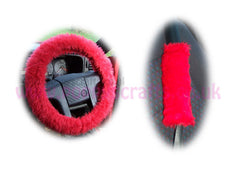 Fluffy Racing Red Car Steering wheel cover & matching fuzzy faux fur seatbelt pad set - Poppys Crafts