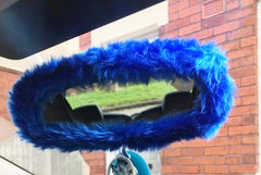 Royal Blue faux fur rear view interior car mirror cover - Poppys Crafts