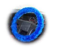 Royal Blue Fuzzy Car Steering wheel cover & matching faux fur seatbelt pad set - Poppys Crafts