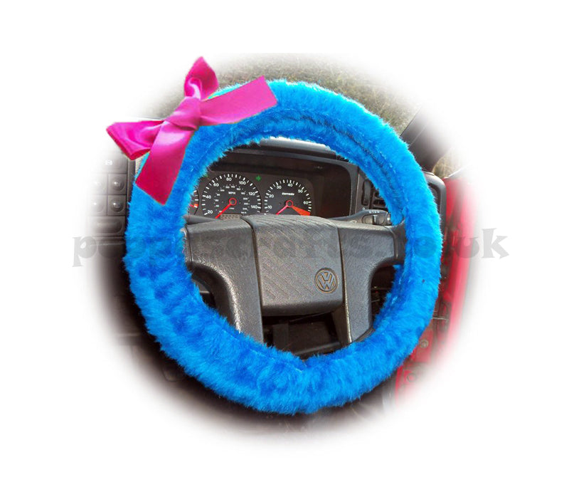 Royal Blue fuzzy car steering wheel cover faux fur with Barbie Pink satin Bow cute and fluffy - Poppys Crafts