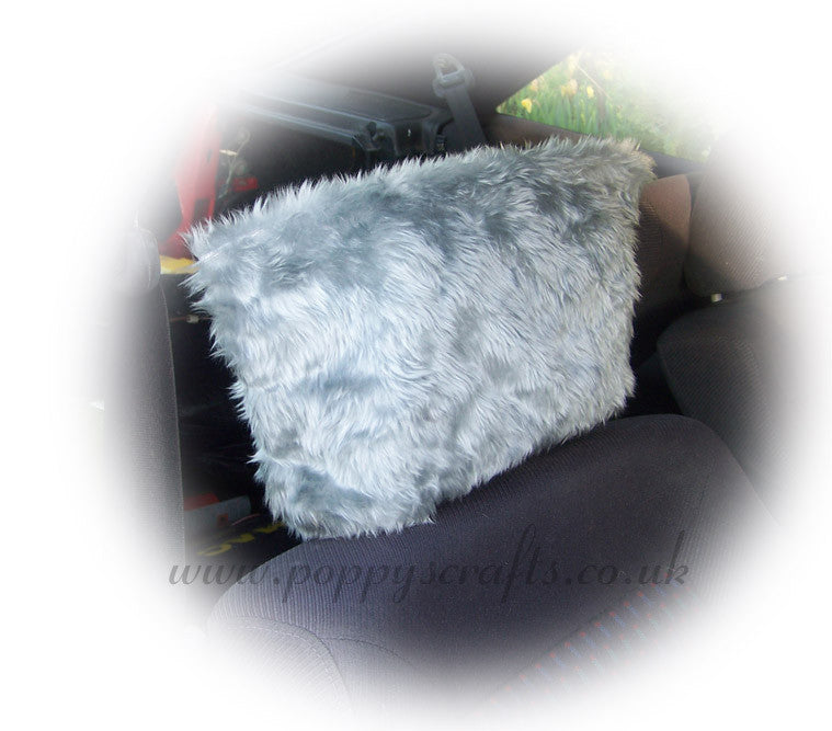 Silver Grey fluffy faux fur car headrest covers 1 pair - Poppys Crafts