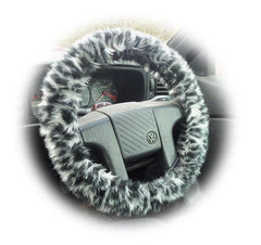 Snow Leopard fuzzy Steering wheel cover & matching faux fur seatbelt pad set - Poppys Crafts