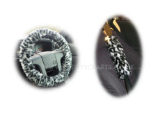 Snow Leopard fuzzy Steering wheel cover & matching faux fur seatbelt pad set - Poppys Crafts