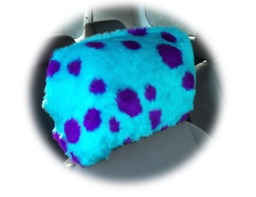 Spotty turquoise and purple spot monster dino headrest covers faux fur - Poppys Crafts
