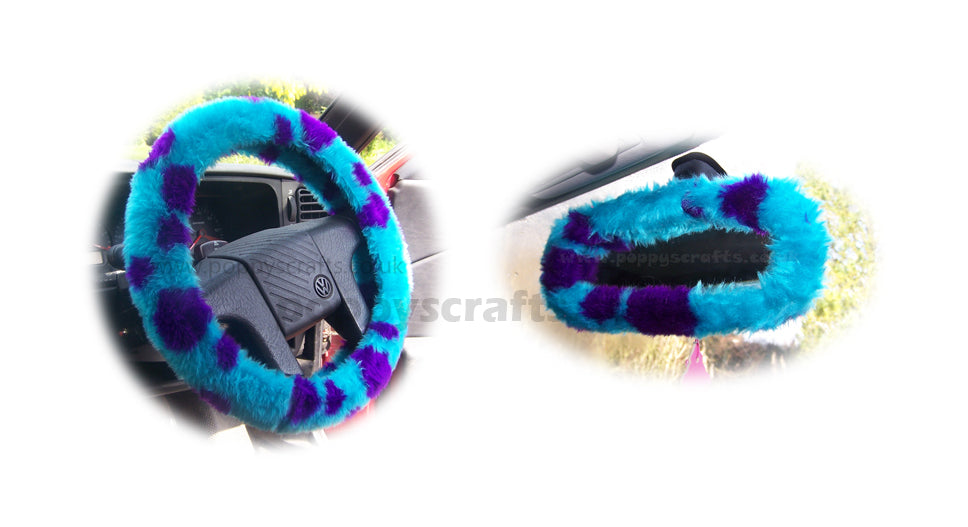 Sully Monster spot fuzzy steering wheel cover with cute matching rear view interior mirror cover - Poppys Crafts