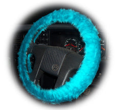 Gorgeous Teal Turquoise Car Steering wheel cover & matching fuzzy faux fur seatbelt pad set - Poppys Crafts