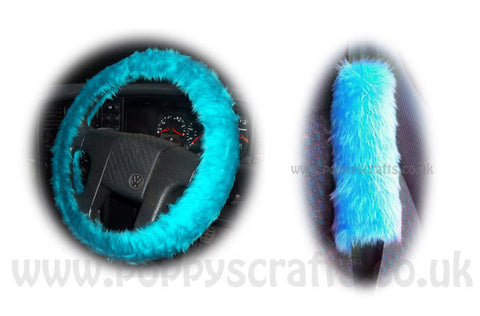 Gorgeous Teal Turquoise Car Steering wheel cover & matching fuzzy faux fur seatbelt pad set