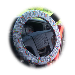 Unicorn's and Rainbow's on Grey cotton car steering wheel cover - Poppys Crafts