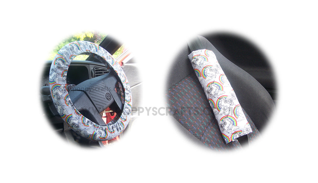 Unicorn and Rainbow cotton Car Steering wheel cover & matching seatbelt pad set - Poppys Crafts