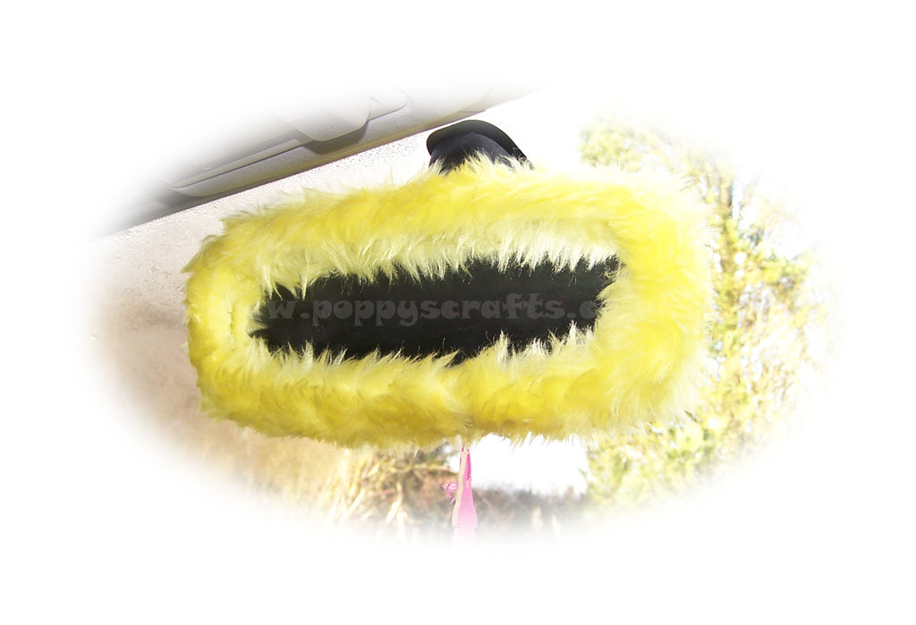 Sunshine Yellow faux fur rear view interior car mirror cover - Poppys Crafts