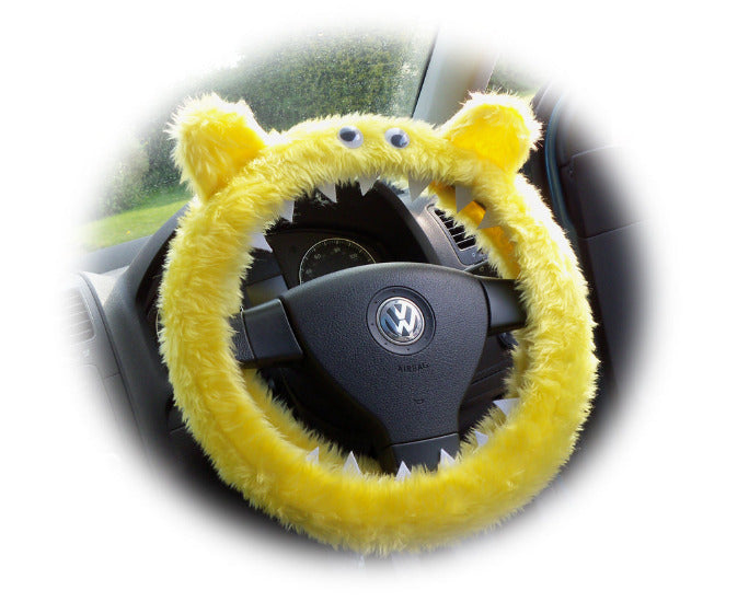 Fuzzy faux fur Yellow Monster steering wheel cover with googly eyes, ears, and teeth - Poppys Crafts