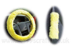 Sunshine Yellow Car Steering wheel cover & matching fuzzy faux fur seatbelt pad set - Poppys Crafts