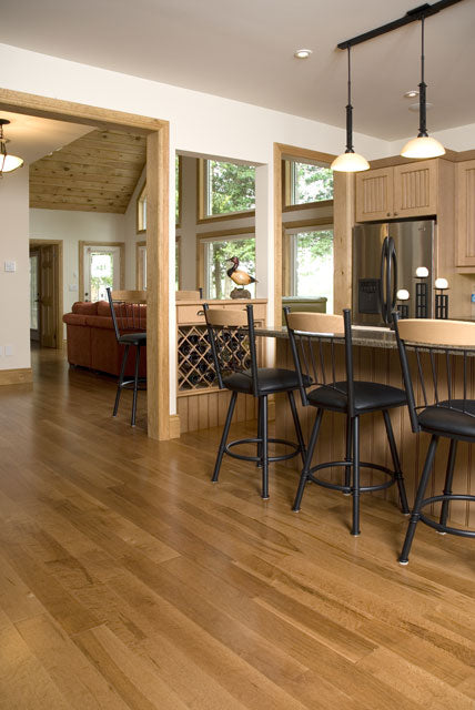 off white wood kitchen with birdseye maple flooring