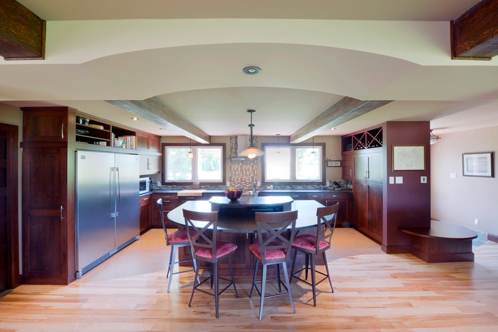 natural maple with dark kitchen cabinets and hardwood flooring