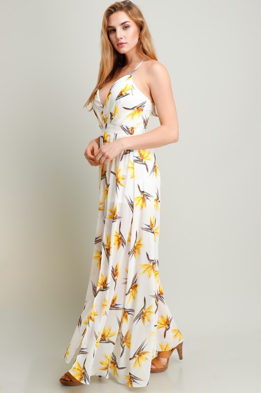 white maxi dress with yellow flowers
