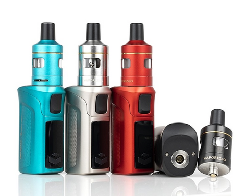 Vaporesso Target Mini 2 in four colors, with one disassembled.