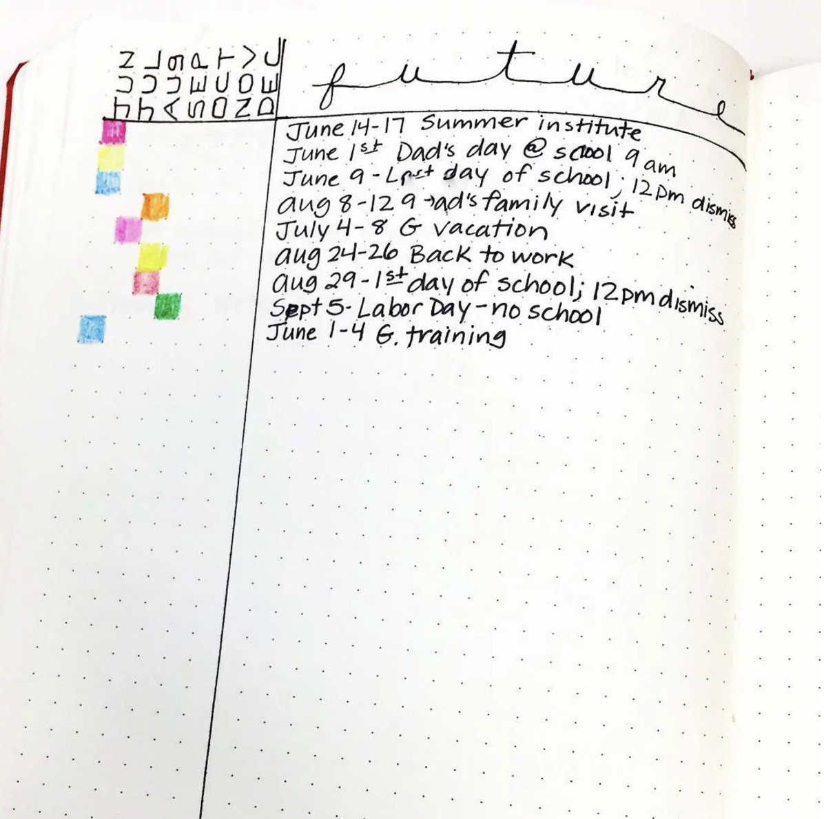 Color-coded Alastair Future Log method in the Bullet Journal 