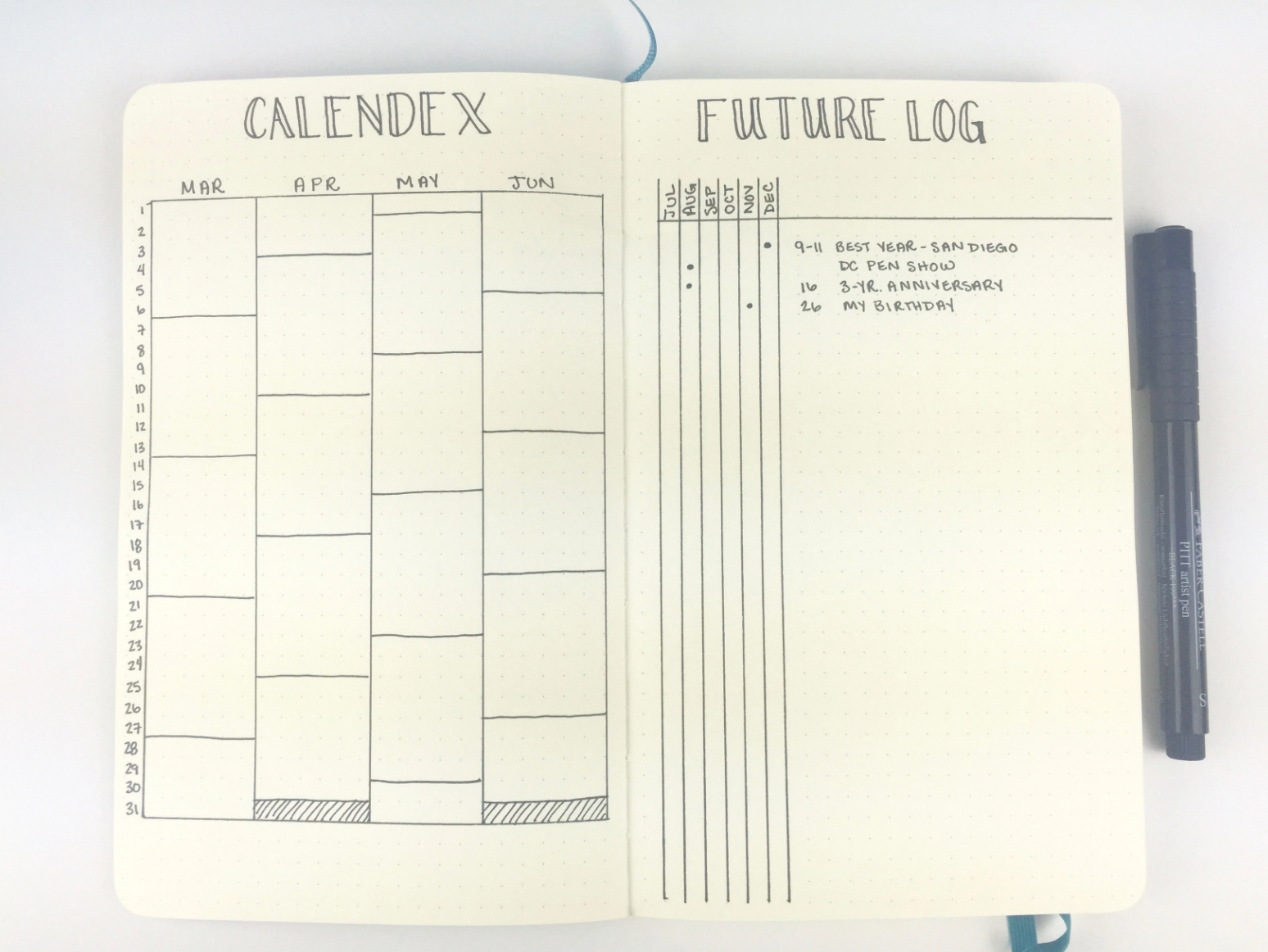 Bullet Journal Future Log Calendex-Alastair hybrid by @bohoberry
