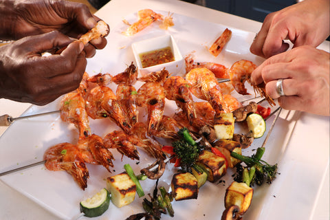 Chilli & Lime King prawns with Vegetable Skewers 