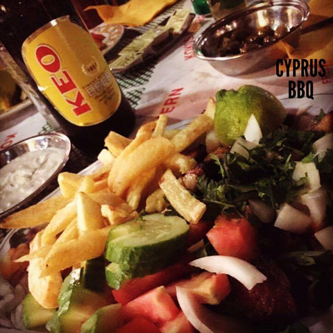 Keo Beer and a Souvlaki Kebab with Chips and Salad