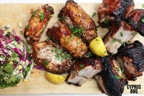 Tamarind Pork Belly and Zataar Chicken Thighs Slow Roasted on a Cyprus Rotisserie BBQ