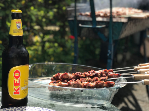 Keo Beer and a Souvlaki Kebab