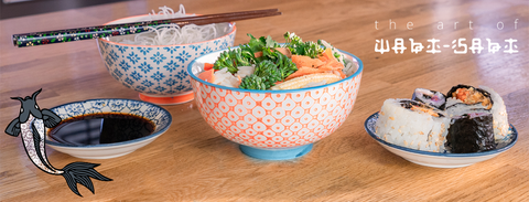 Nicola Spring Japanese Wabi-Sabi Hand-Printed Crockery Rice Bowl and Sauce Dipping Plates on Rustic Wooden Kitchen Island Counter