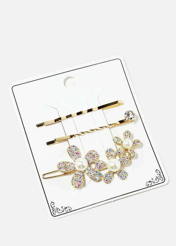 3-Piece Sparkly Flower & Pearl Hairpins