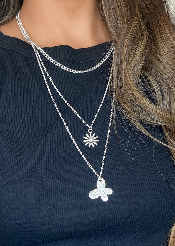 Flower & Butterfly Silver Necklace