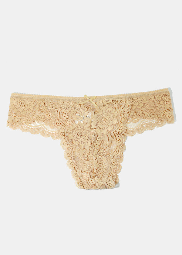 Beige Flower Lace Thong