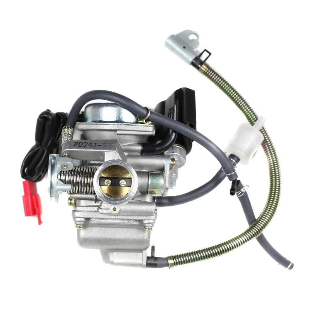 This Chinese PD24J carburetor is the replacement part for many 4-stroke Chinese ATVs, Dirt Bikes, Go Karts and Scooters. This carburetor fits GY6 150cc models. Carburetor description: Electric choke Intake ID: 24.5mm Air filter mount ID: 37.5mm [1.47