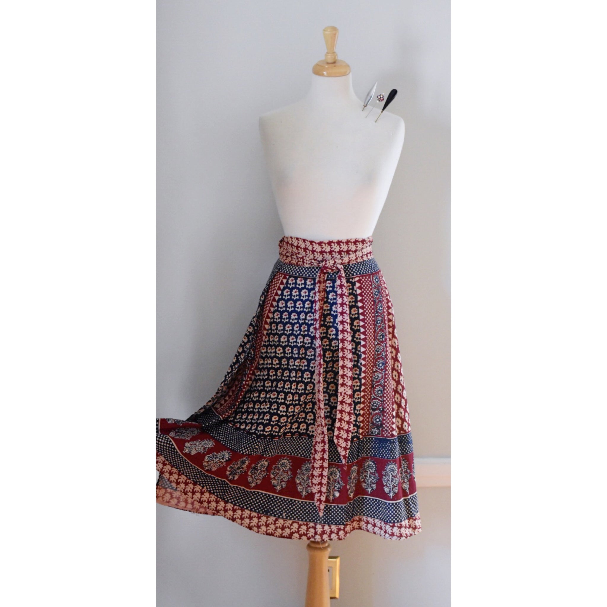 70s Vintage India Print Wrap Skirt