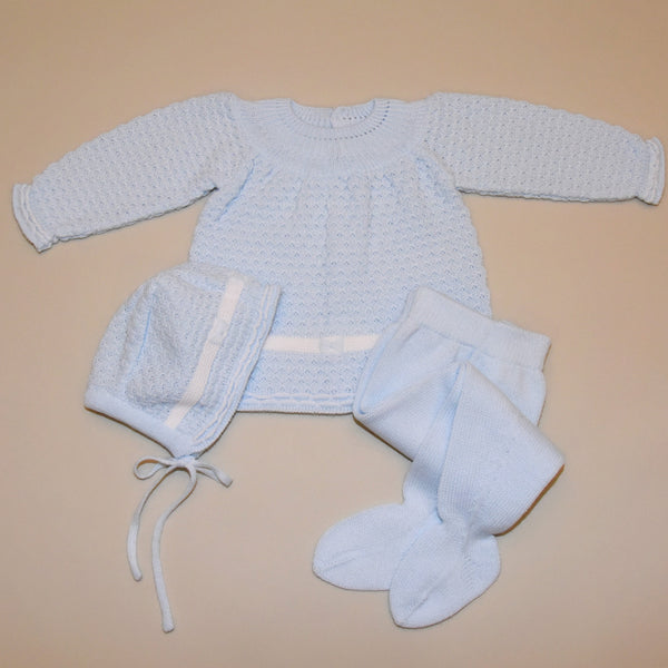 Blue and White Three Piece Knit Sweater Set Uniqueness Austin